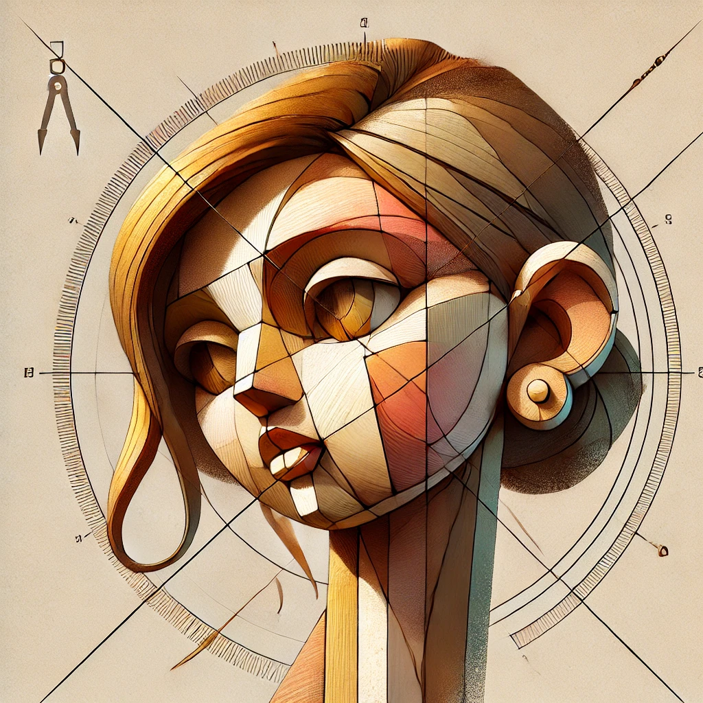 DALL·E 2024-10-17 07.39.24 - A refined compass abstraction of a girl in chibi style, featuring rapid line strokes with warm colors, enhanced by sculptural shading against a minima.webp